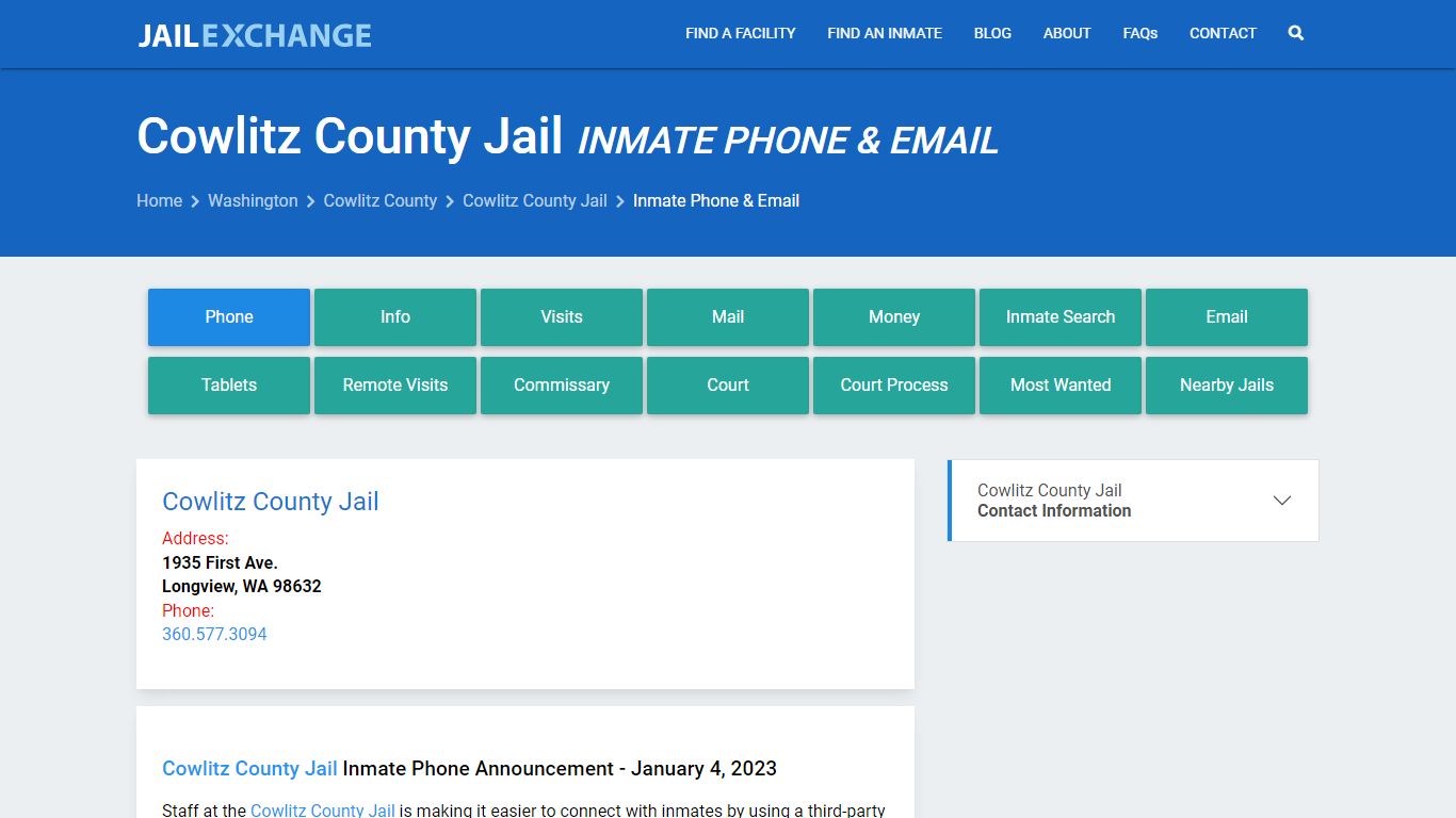 Inmate Phone - Cowlitz County Jail, WA - Jail Exchange